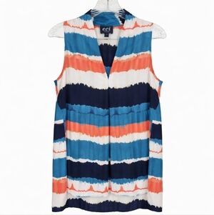 ECI Blue Orange Tie Dye Striped Sleeveless Vneck Blouse Sz Med